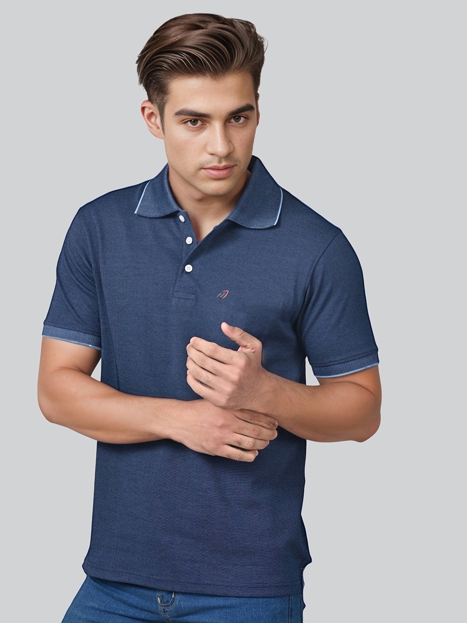 Lux Nitro Denim Blue Cotton Regular Fit Texture Polo T-Shirt