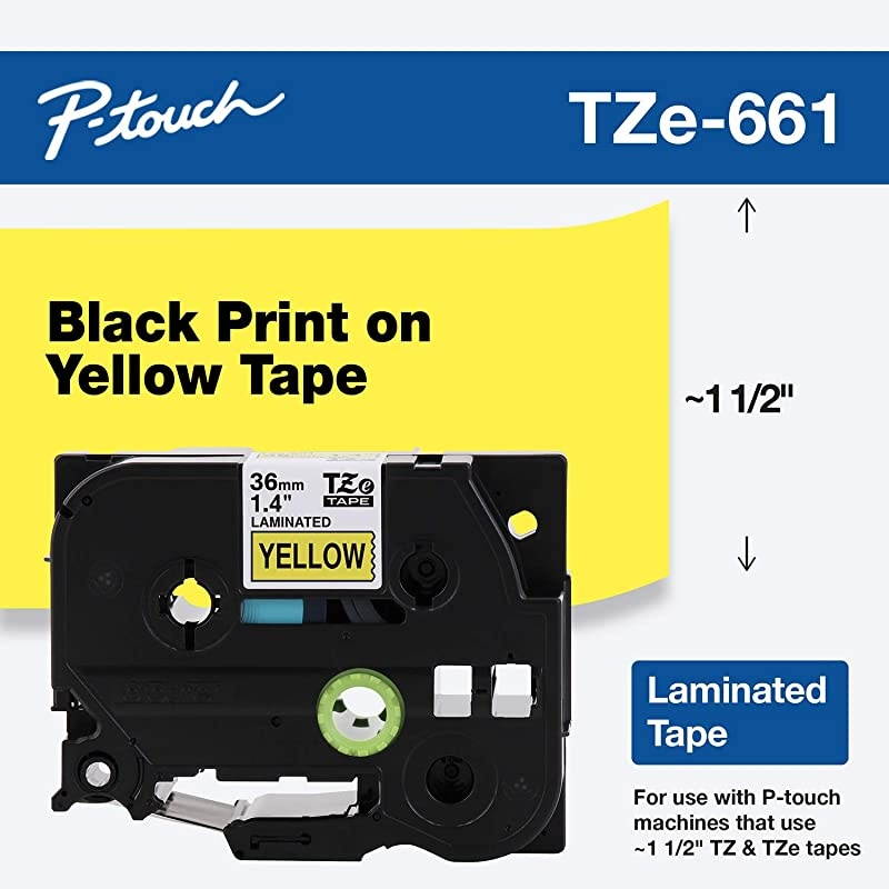 Genuine P-Touch TZE-661 Tape, 1 1/2" (36 mm) Standard Laminated P-Touch Tape, Black on Yellow, For Indoor or Outdoor Use, Water-Resistant, 26.2 ft (8 m), Single-Pack