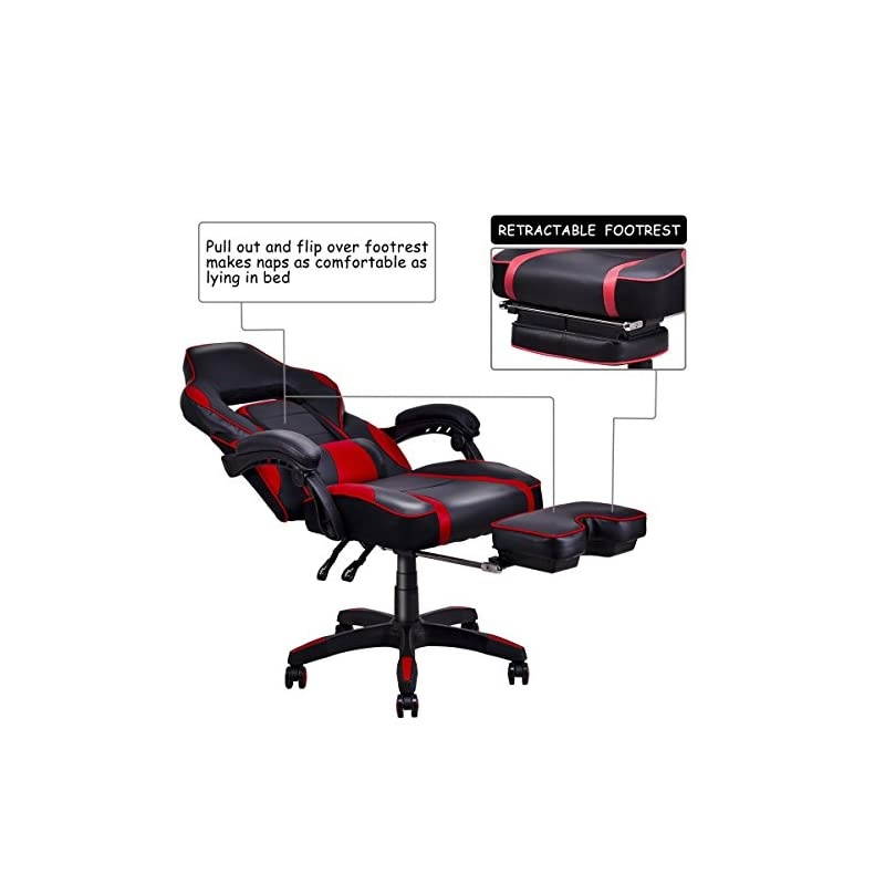 Ergonomic Gaming Chair, Executive Computer Office Chair with USB Massage Lumbar Cushion and Retractable Footrest, High Back Swivel Chair with Backrest and Height Adjustable (Red)