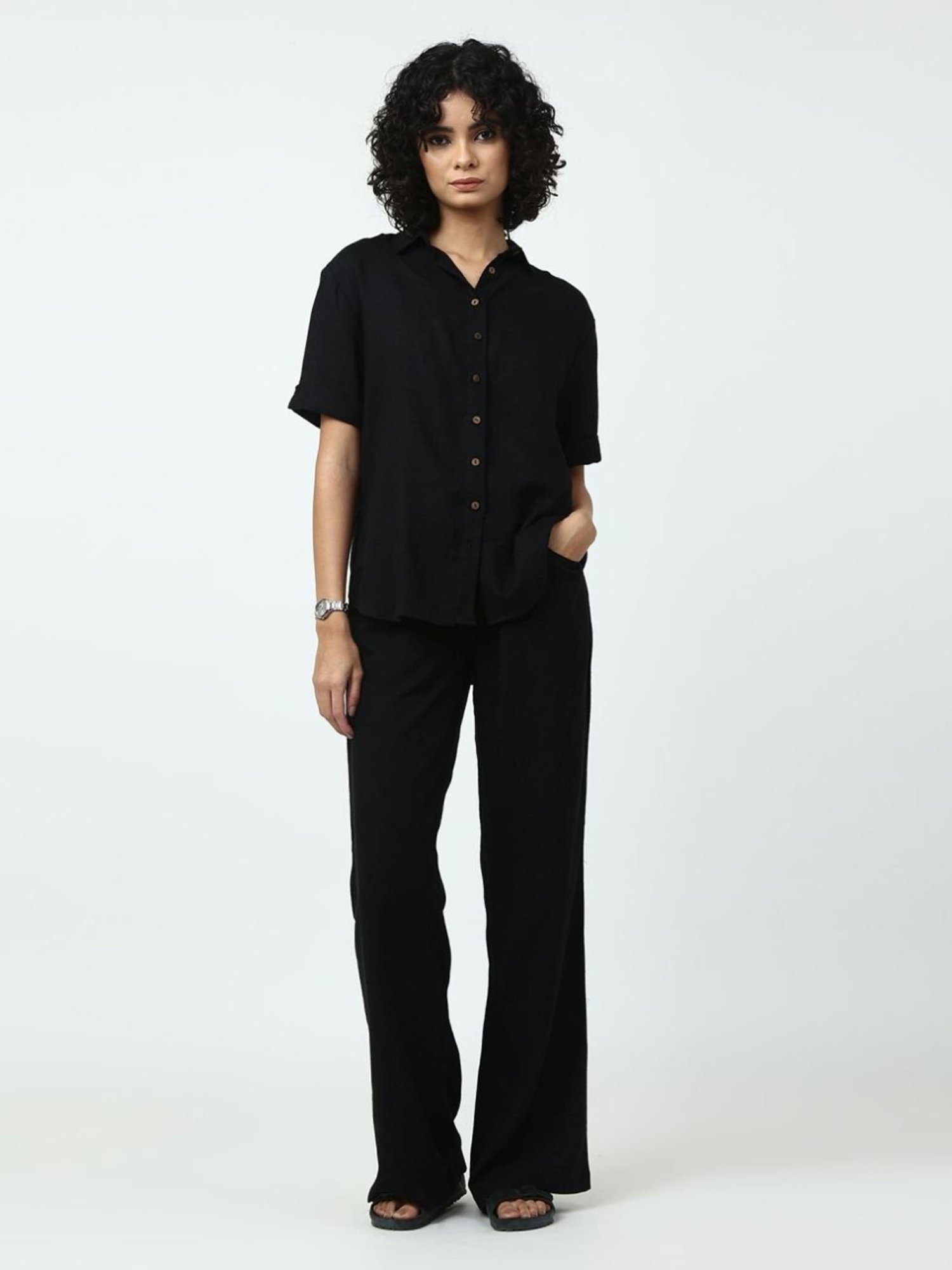 Saltpetre Classic Linen Black Half Sleeve Shirt and Trouser Coord set