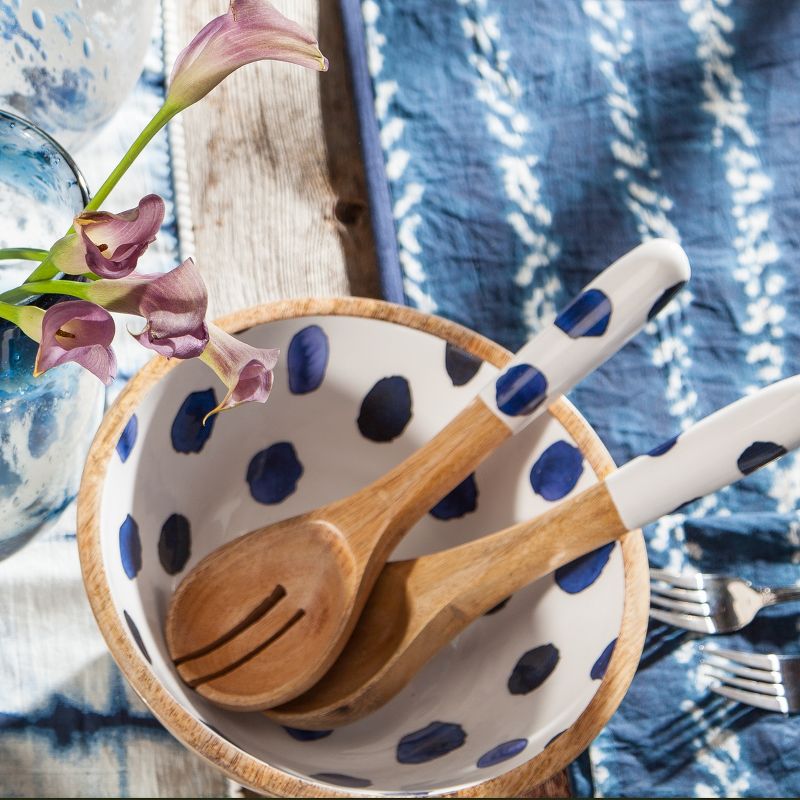 Lone Elm Studios Indigo Ink-Accented Serving Bowl with Matching Set of 2 Spoons