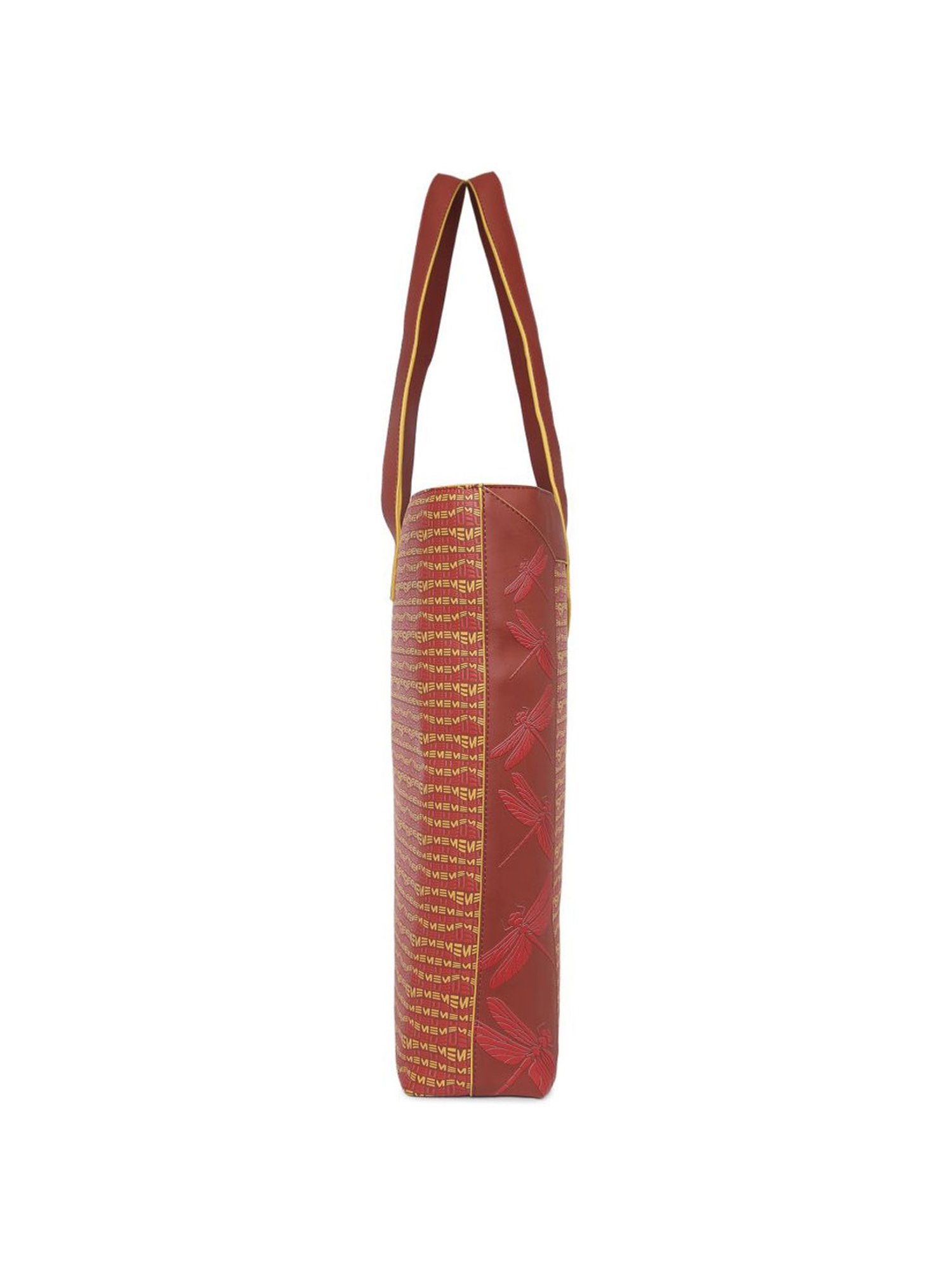 Eume Dragonfly Hot Sauce Red Leather Printed Tote Handbag with Pouch