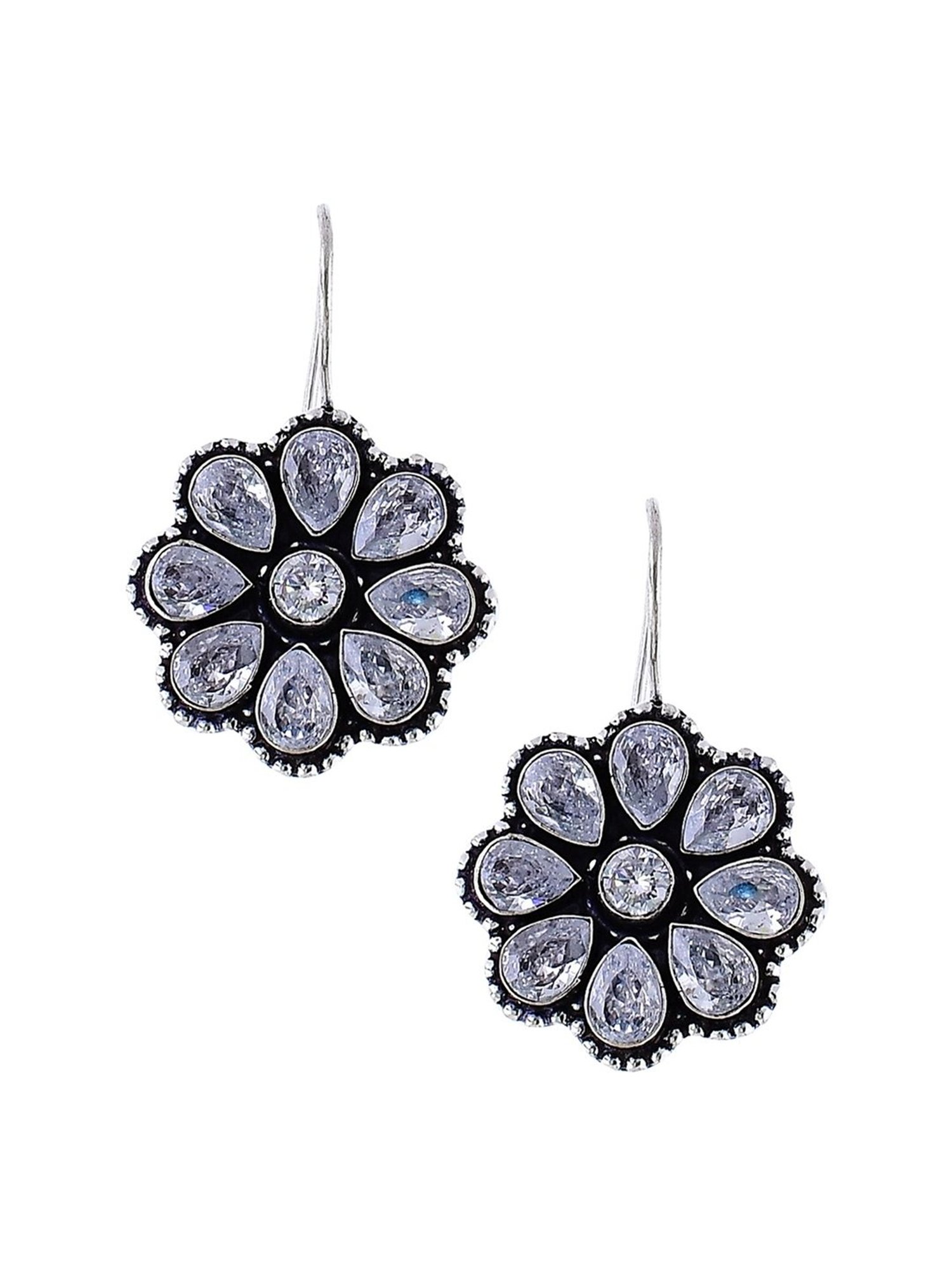 Imli Street Silver Tone Stone-Studded Handcrafted Drop Earrings