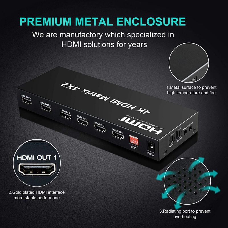 4x2 HDMI Matrix Switch,4 in 2 Out Matrix HDMI Video Switcher Splitter +Optical & L/R Audio Output, Support Ultra HD 4K x 2K,3D 1080P, Audio EDID Extractor with IR Remote Control & Power Adapter