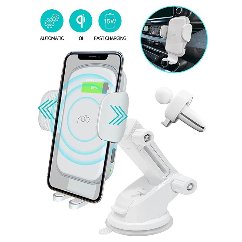 Wireless Car Charger 15W Qi Fast Charging Auto Clamping Mount Windshield Dashboard Air Vent Phone Holder Compatible with iPhone 11 Pro Max XS XR X 8 Plus Samsung S10 S9 S8Pure White