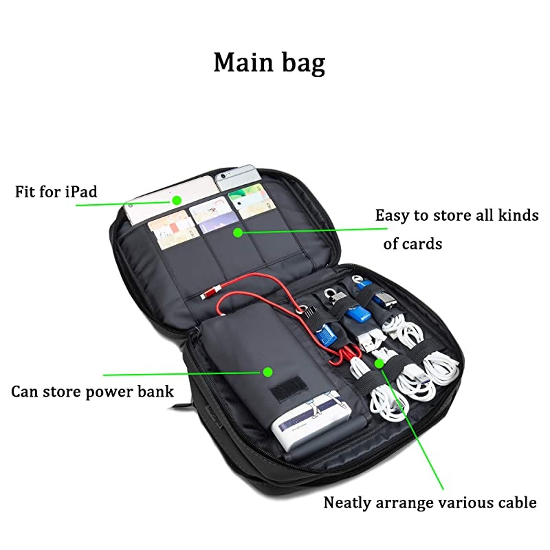 Electronic Organizer Double Layer Detachable Universal Waterproof Travel Cable Case Cord Accessories Storage Bag for Cable, iPad, Phone, Charger, USB, SD Card (Black)