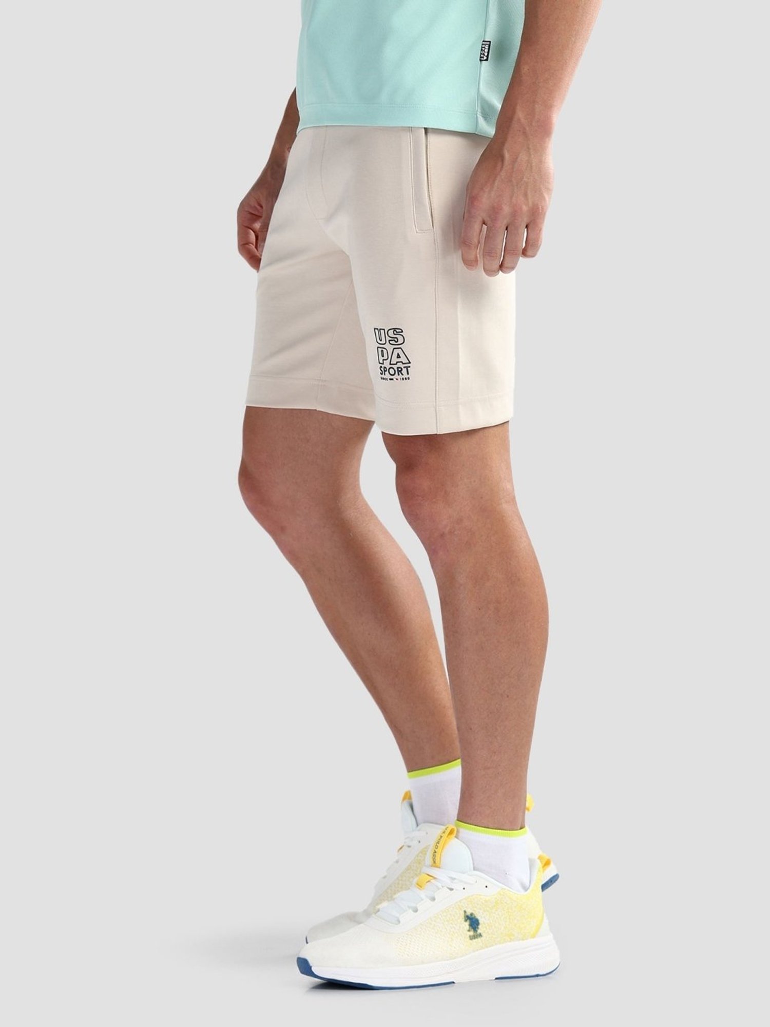 USPA Active Beige Slim Fit Logo Printed Sports Shorts