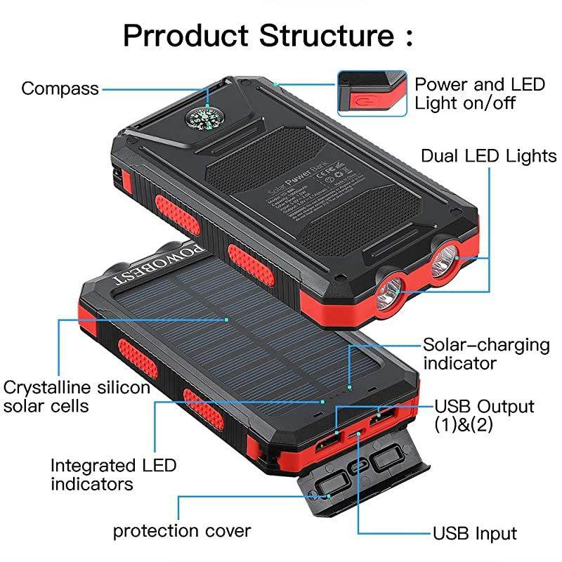 10000mAh Solar Power Bank  Portable Solar Panels with Flashlight Compass Waterproof Solar Power Bank Solar Phone Charger