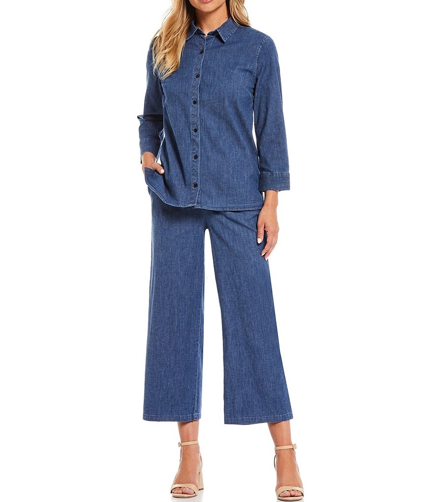 Kasper Hi-Low Stretch Denim Top Stitch Long Sleeve Top