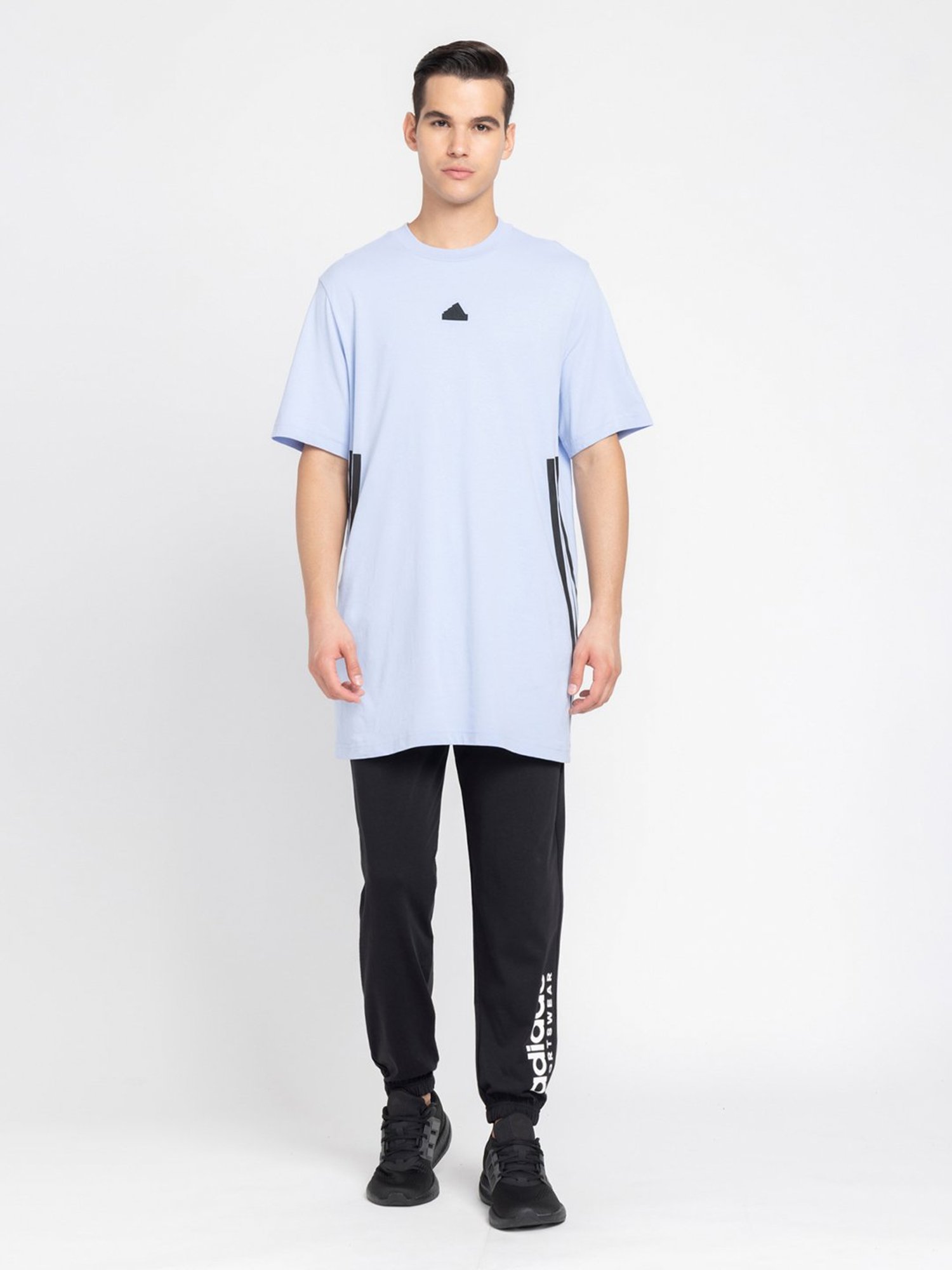 adidas Sky Blue Loose Fit Striped Sports T-Shirt