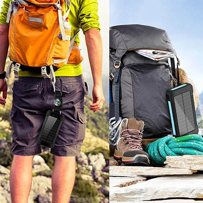 Solar Phone Charger 20000mAh Portable Power Bank Waterproof Battery Packs with Dual Ports Compass Flashlight for Camping Solar Panel for SmartphonesGoPro CameraGPS and Other Devices
