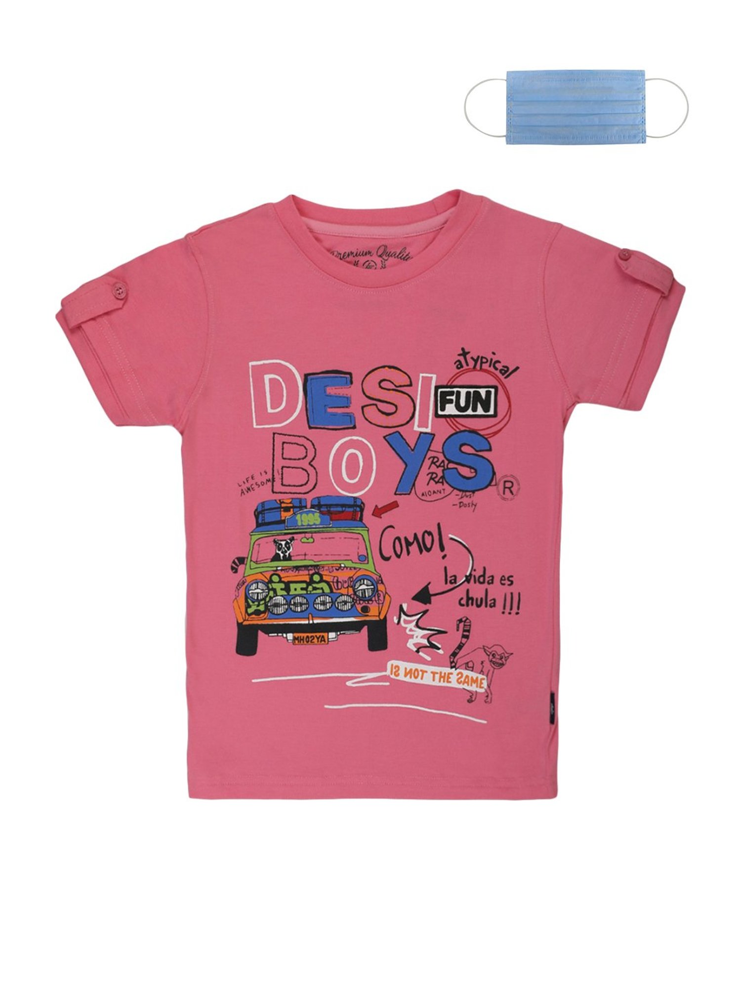 Li'l Tomatoes Kids Pink Cotton Printed T-Shirt & Mask