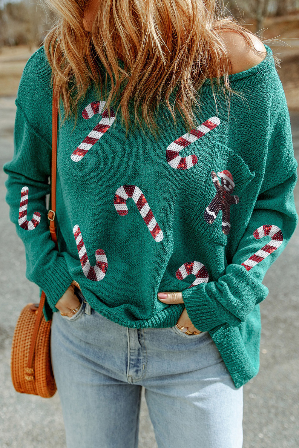 Green Sequined Candy Canes Christmas Graphic Sweater