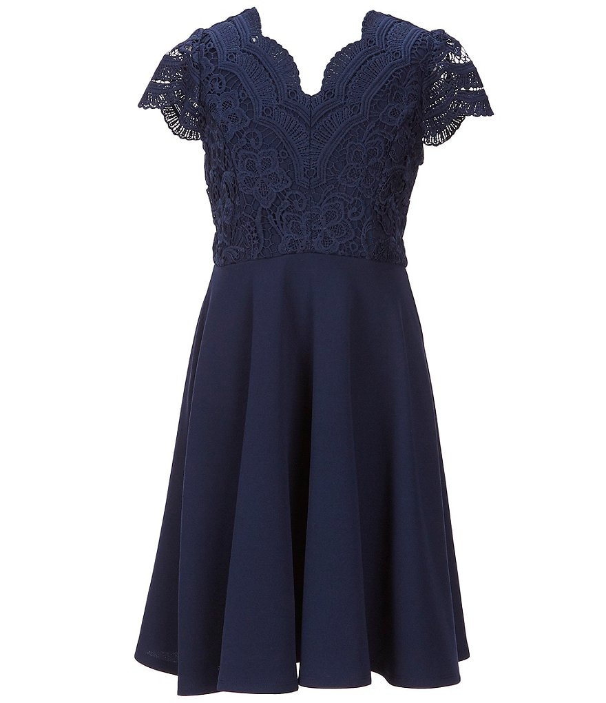 Rare Editions Big Girls 7-16 Scalloped-Lace/Scuba Fit-And-Flare Dress