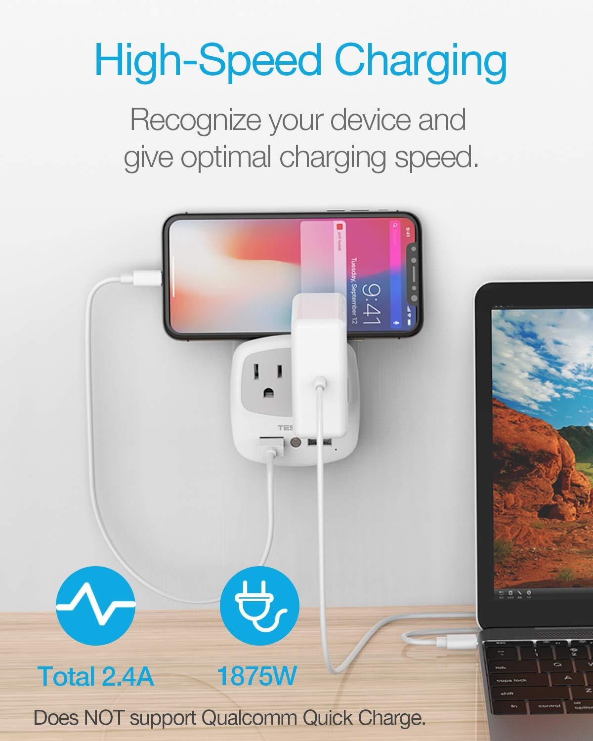 USB Outlet Plug Extender, TESSAN Power Outlet Expander with USB Wall Charger and Night Light Adapter for Travel Cruise Essentials, Mini Phone Charger with Multiple Outlet Splitter