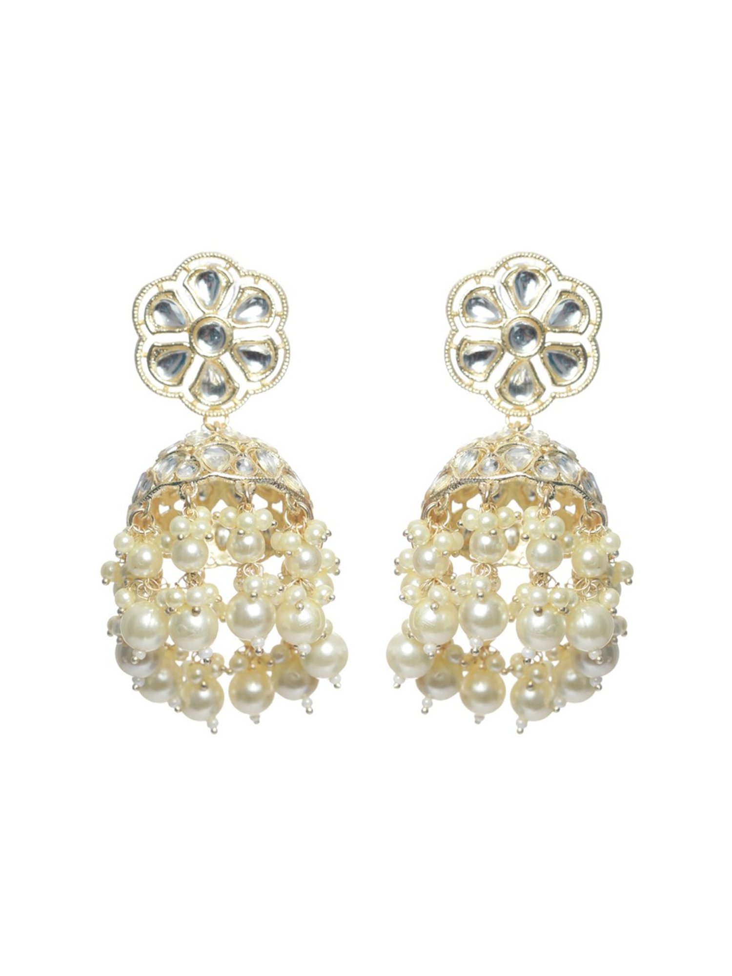 Aatmana Kundan Studded & Beaded Contemporary White Jhumki Earrings for Women