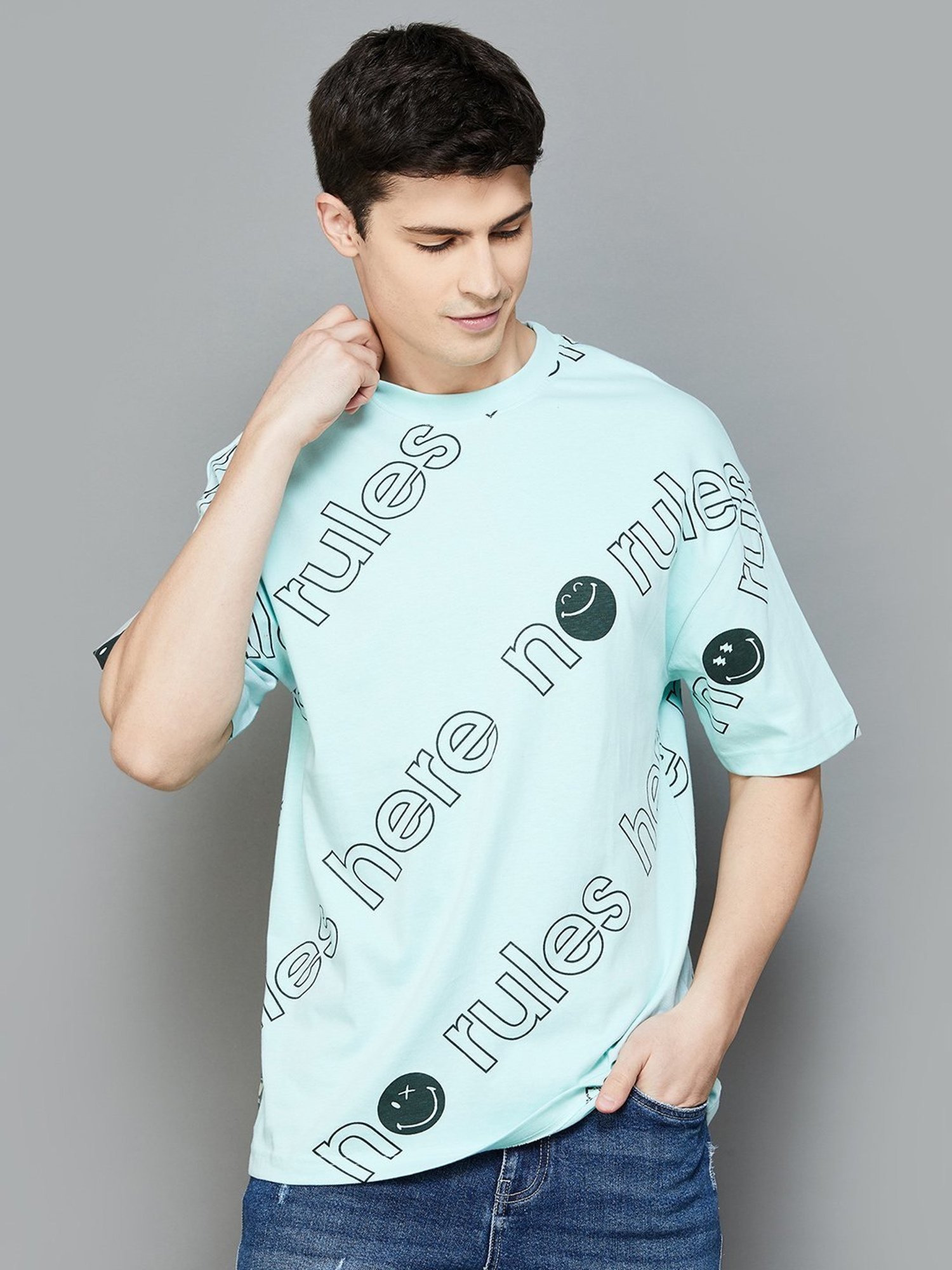 SmileyWorld Turquoise Cotton Regular Fit Printed T-Shirt