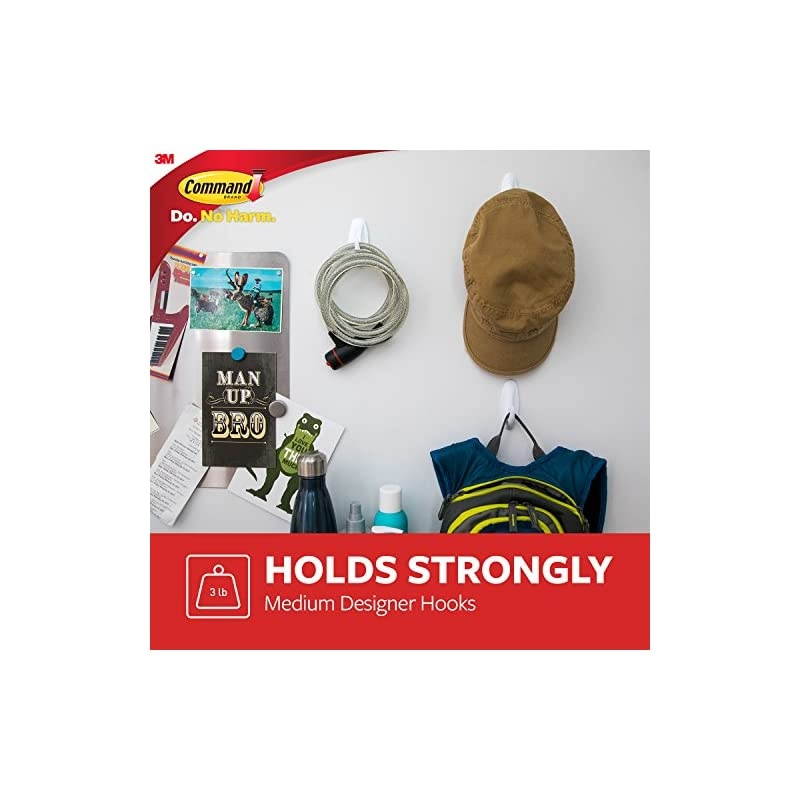 Medium Designer Hooks, White, 2-Hooks, Organize & Decorate Damage-Free