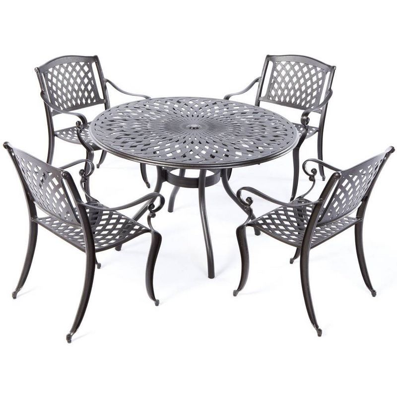 5pc Westbury Cast Aluminum Dining Set with Umbrella Hole Round Table & 4 Stackable Arm Chairs - Alfresco Home