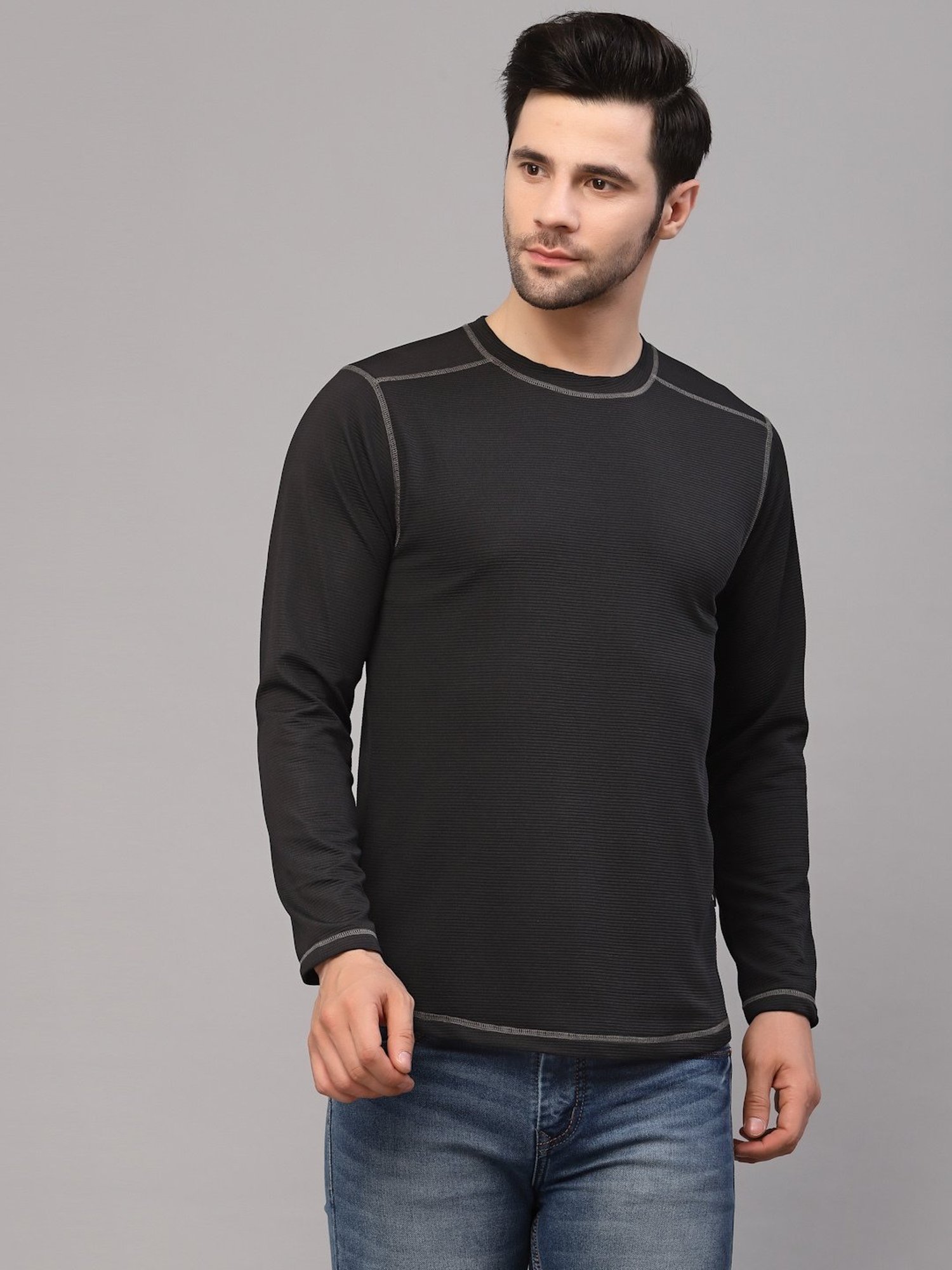 Rigo Black Slim Fit Self Design Crew T-Shirt