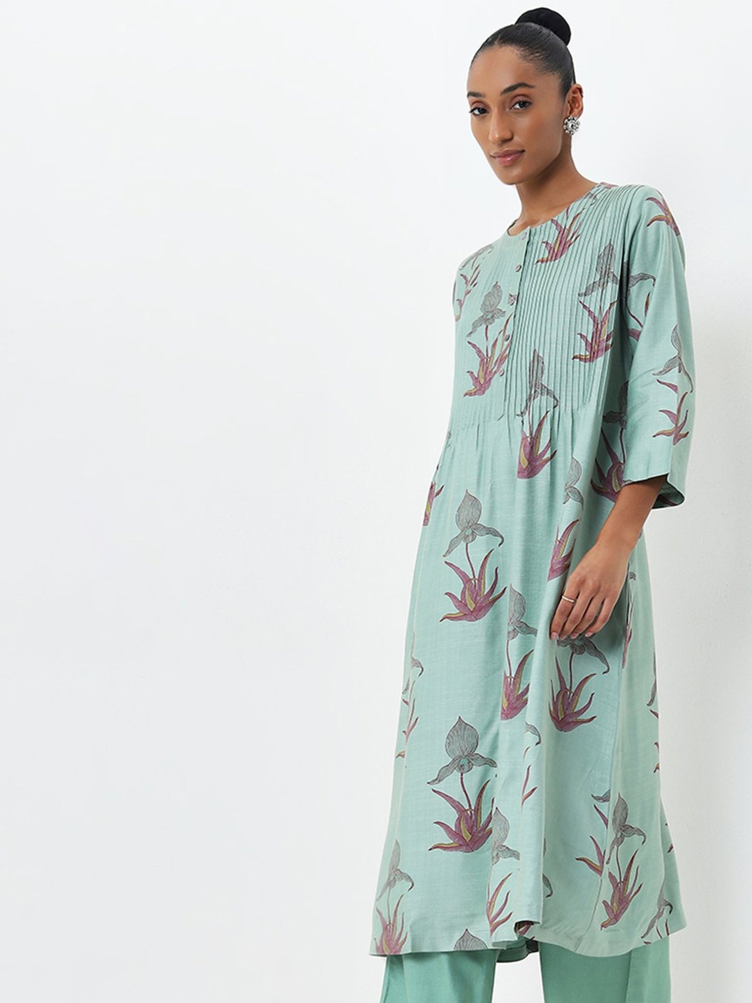 Zuba by Westside Mint Floral Printed A-Line Kurta