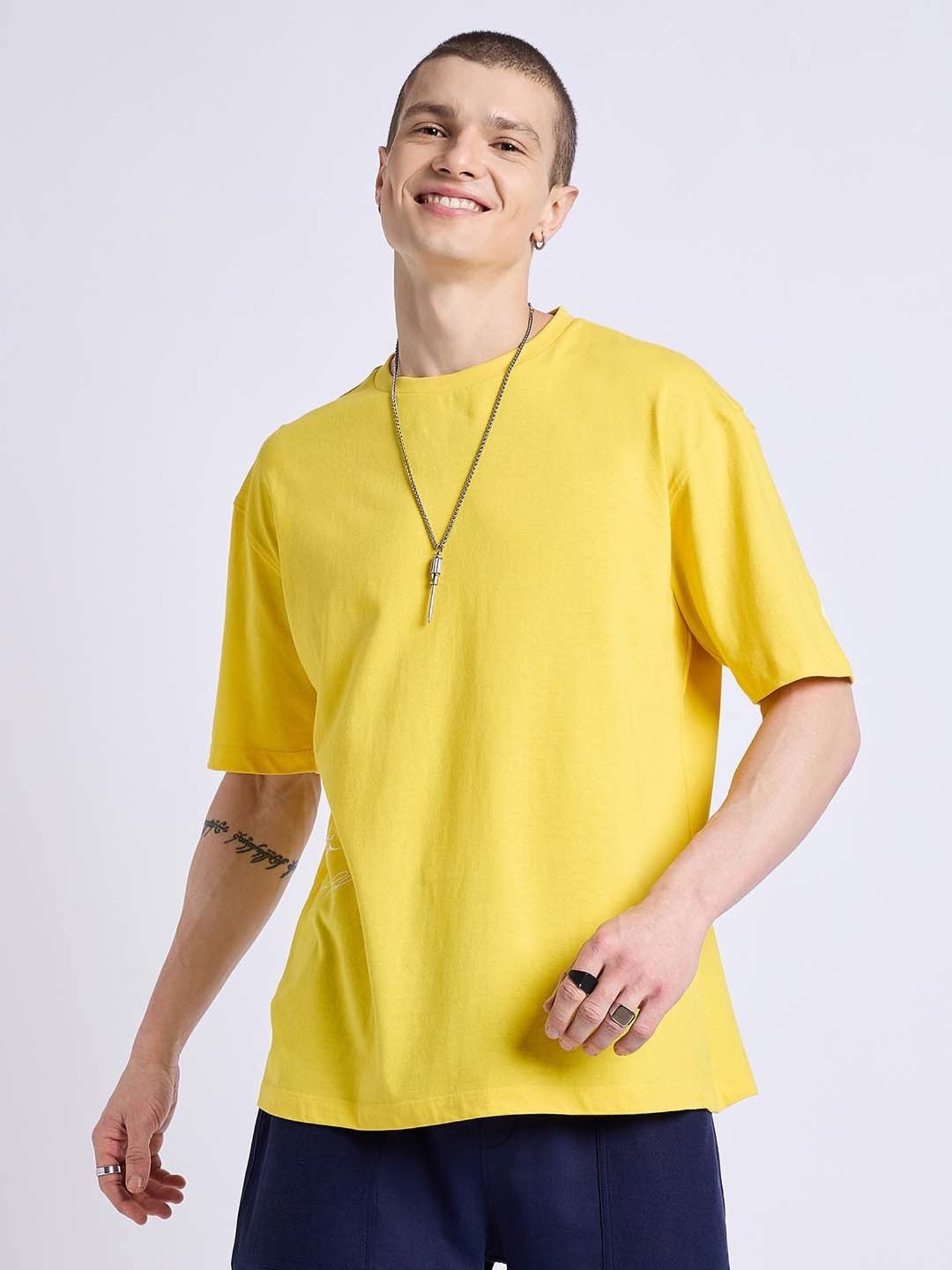 EDRIO Yellow Loose Fit Textured Crew T-Shirt