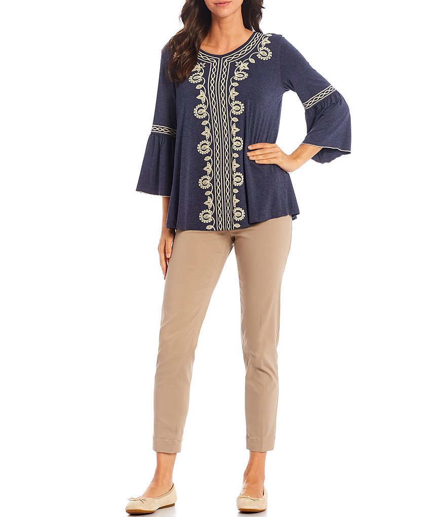 Multiples Puff Border Print V-Neck 3/4 Bell Sleeve Shaped Hem Top