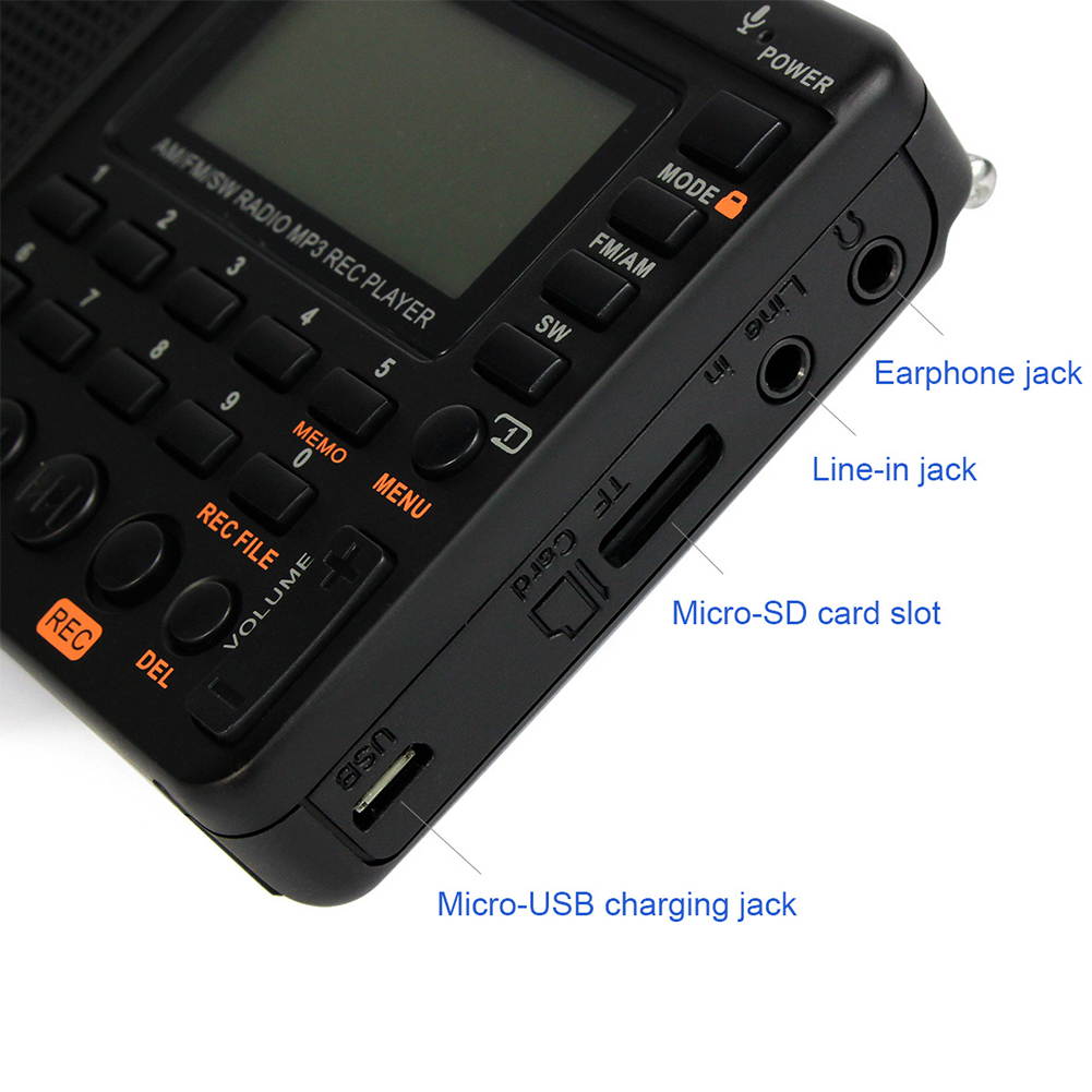 V-115 Portable AM FM Radio with Shortwave Radio MP3 Player Digital Recorder Sensitive Full Band Sleep Timer Support TF Card Sleep Timer and Rechargeable Battery (Black)