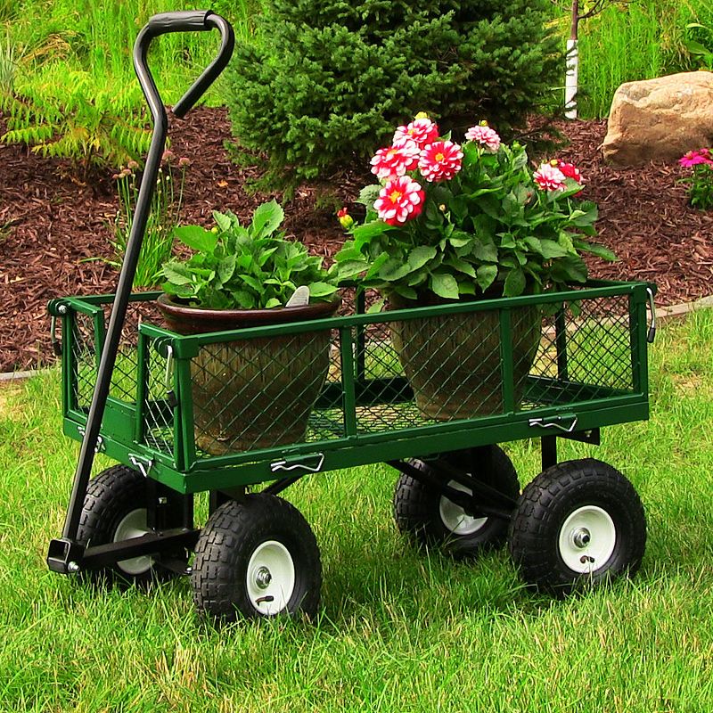 Sunnydaze Outdoor Lawn and Garden Heavy-Duty Durable Steel Mesh Utility Wagon Cart with Removable Sides - Green
