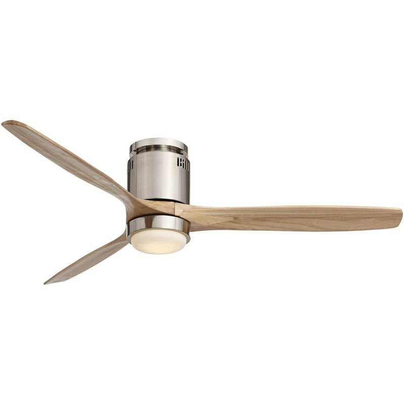 52" Casa Vieja Modern Hugger Ceiling Fan with Light LED Remote Brushed Nickel Natural Solid Wood Carved Blades for Living Room