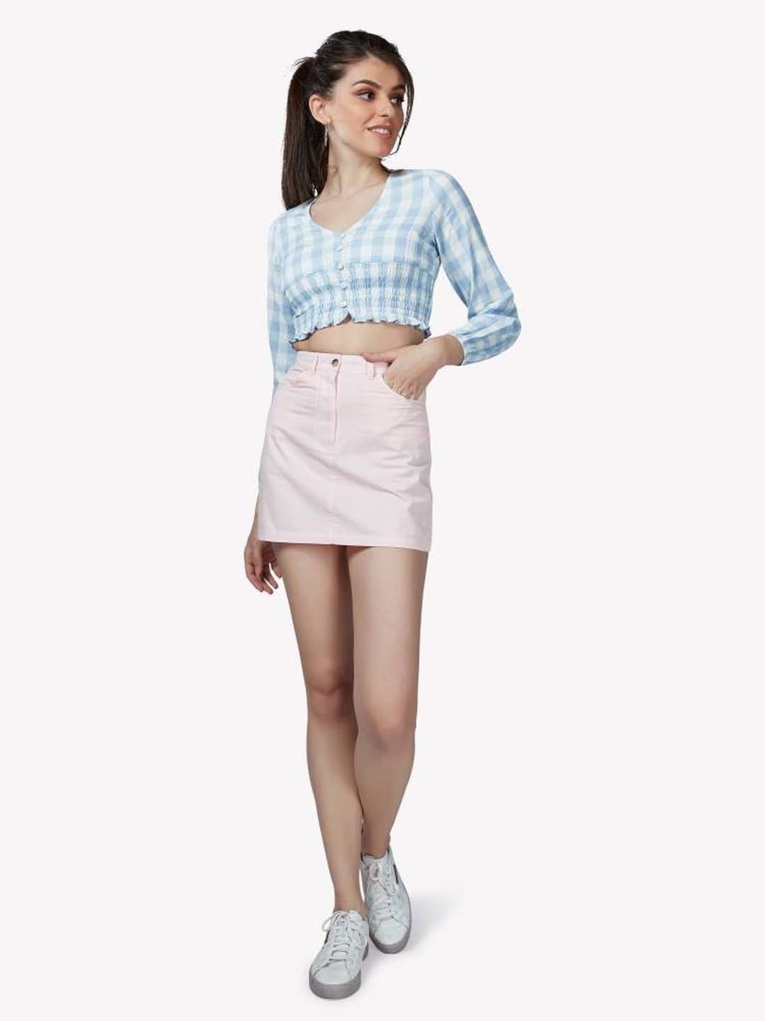 VASTRADO Blue Cotton Chequered Crop Top