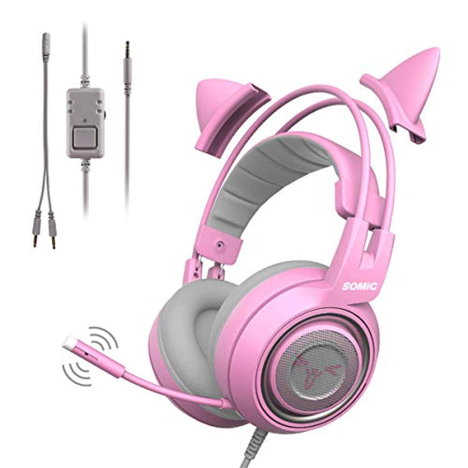somic g951s pink gaming headset with mic for ps4, xbox one, pc, mobile phone, 3.5mm sound detachable cat ear headphones lightweight selfadjusting over ear headphones for women