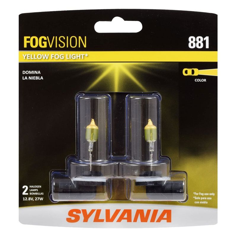 Sylvania 881 Fog Vision Yellow Amber Exterior Vehicle Street Legal OEM High Performance Halogen Light Bulb Replacement Set, 2 Pack
