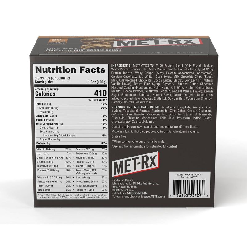 MET-Rx Big 100 Meal Replacement Bar - Chocolate Chip Cookie Dough - 9ct