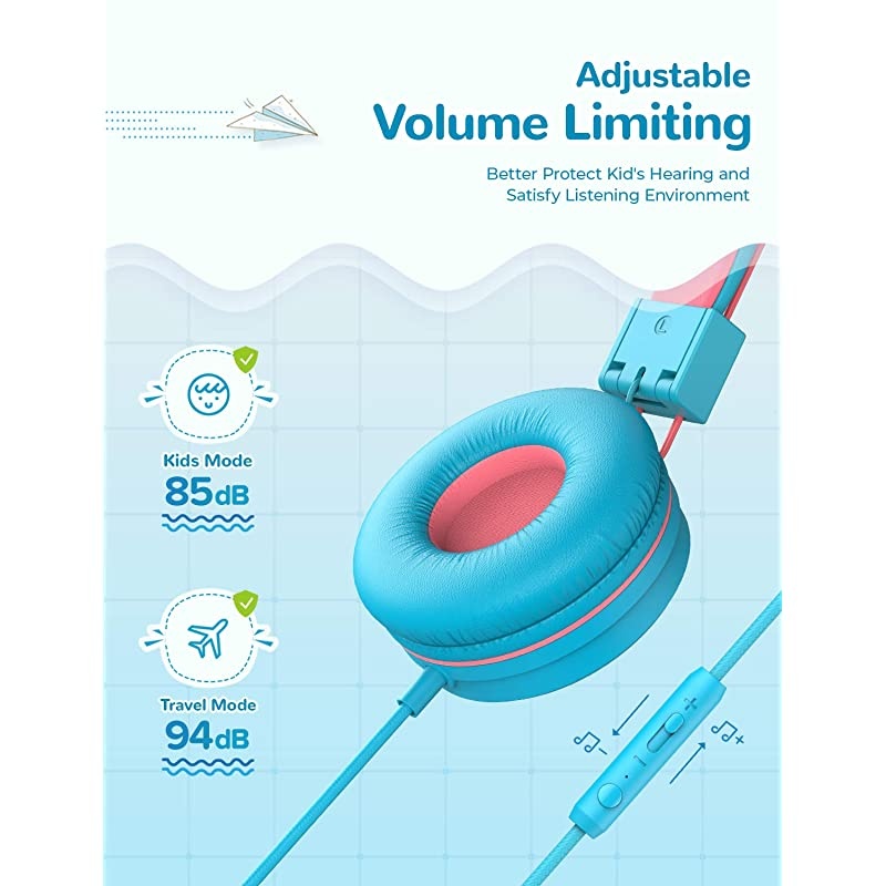 HS14 Kids Headphones with Microphone, Headphones for Kids with 94dB Volume Limited for Boys Girls, Adjustable Headband, Foldable, Child Headphones for Study Tablet Airplane School-Blue,Pink