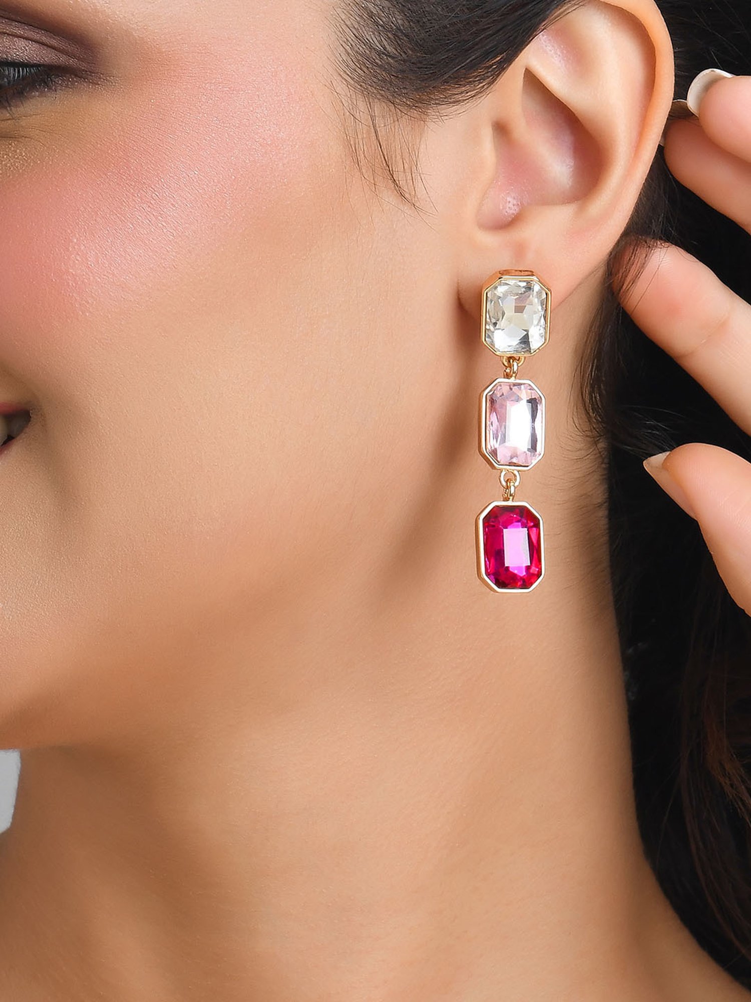 ToniQ Stylish Pink Gem Stone 3 Tiered Dangler Earrings for Women