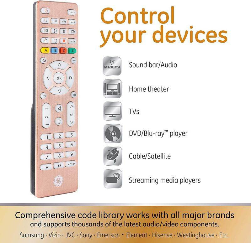 GE Backlit Universal Remote Control for Samsung, Vizio, LG, Sony, Sharp, Roku, Apple TV, TCL, Panasonic, Smart TV, Streaming Players, Blu-Ray, DVD, Simple Setup, 4-Device, Rose, 48846
