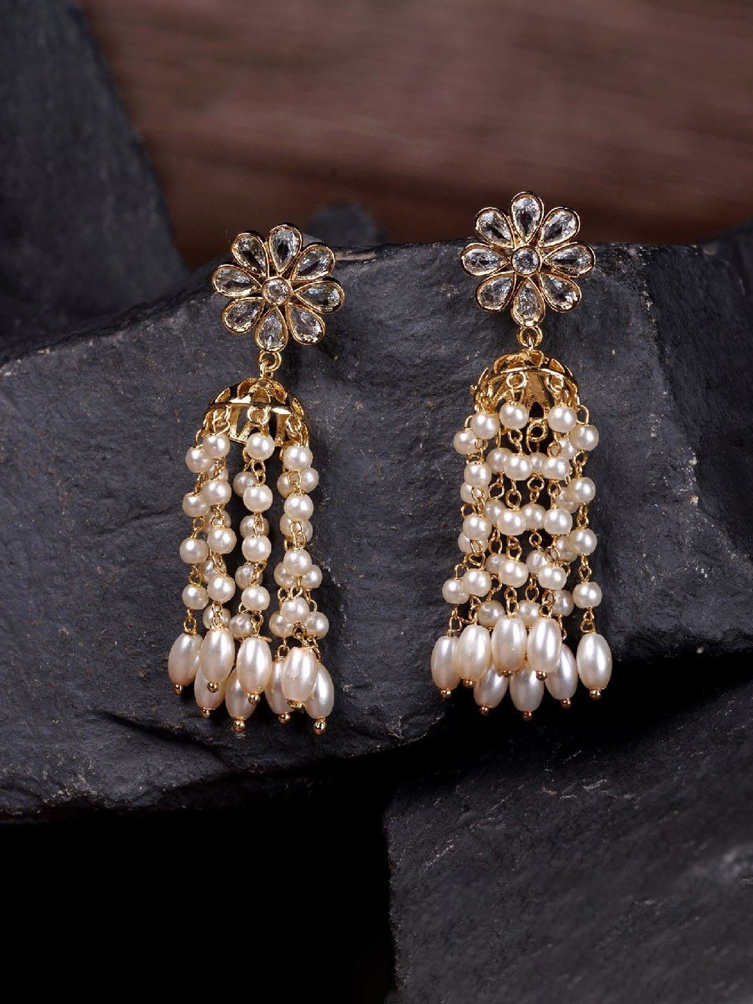 Saraf RS Jewellery Gold Plated Polki Pearl Beaded Light Weight Jhumki Earrings