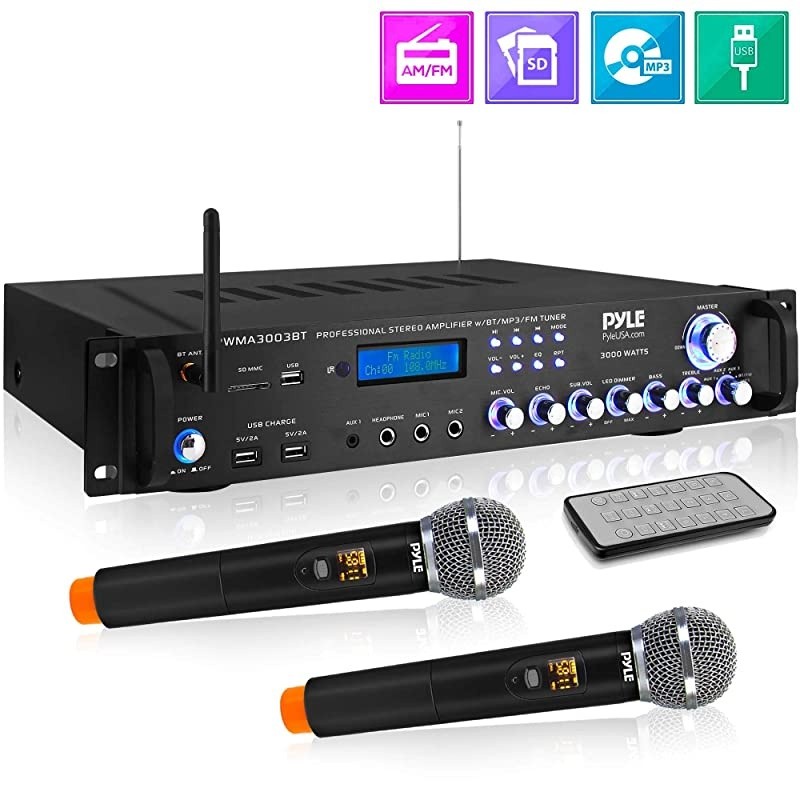Bluetooth Home Audio Power Amplifier -4 Ch. 3000W, Stereo Receiver w/ Speaker Selector, FM Radio, USB, Headphone, 2 Wireless Mics for Karaoke, Great for Home Entertainment System -  PWMA3003BT.NEW