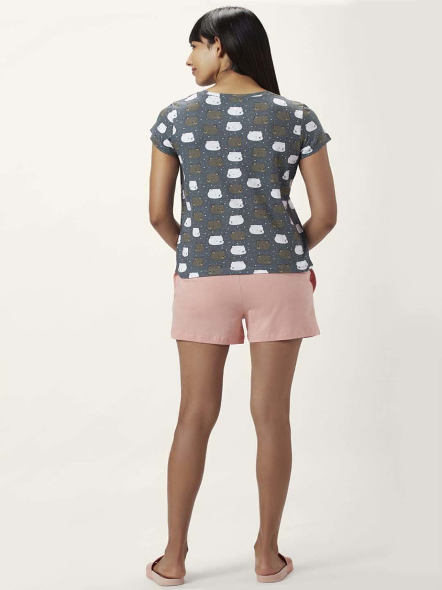 Dreamz by Pantaloons Grey Pink Cotton Graphic Print T-Shirt Shorts Set