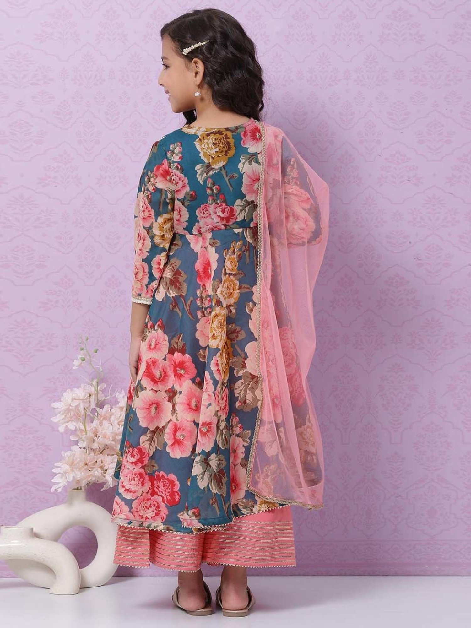 Biba Kids Blue & Pink Cotton Printed Kurta Set