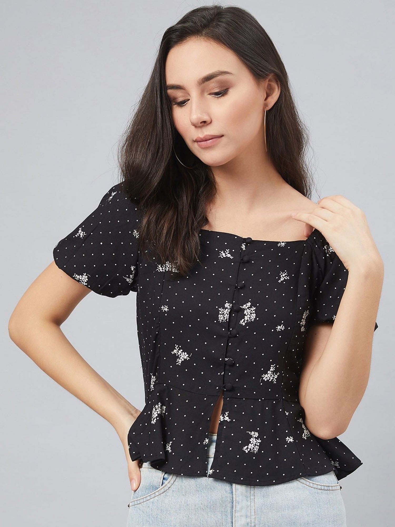 Marie Claire Black Floral Print Peplum Top