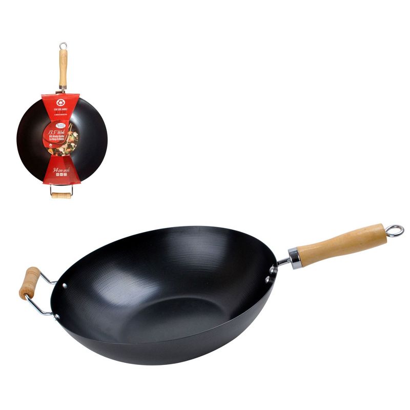 Alpine Cuisine AI-V34 13.5 Inch Carbon Steel Cooking Wok with Wood Handle, Black