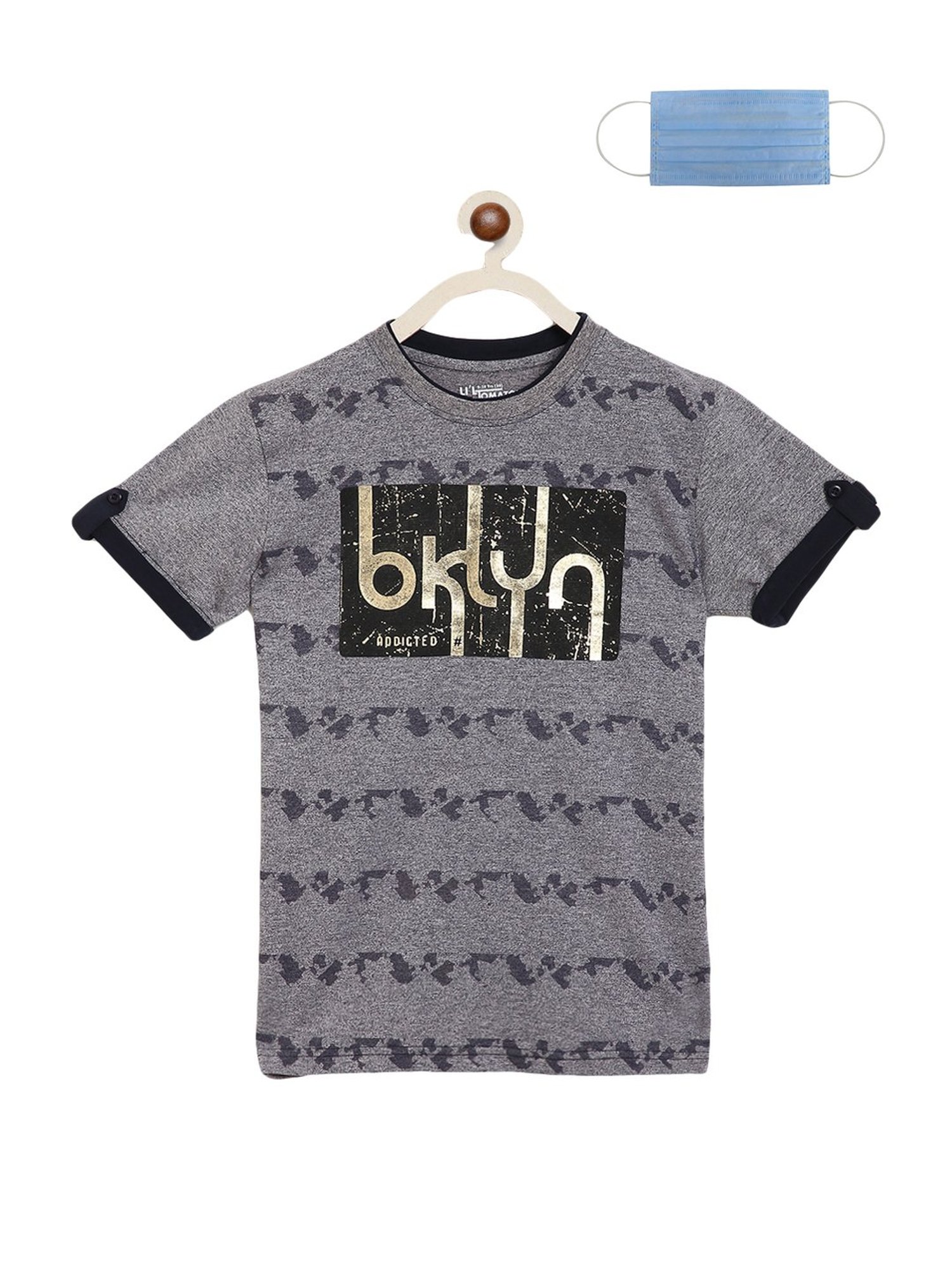 Li'l Tomatoes Kids Navy Cotton Printed T-Shirt & Mask