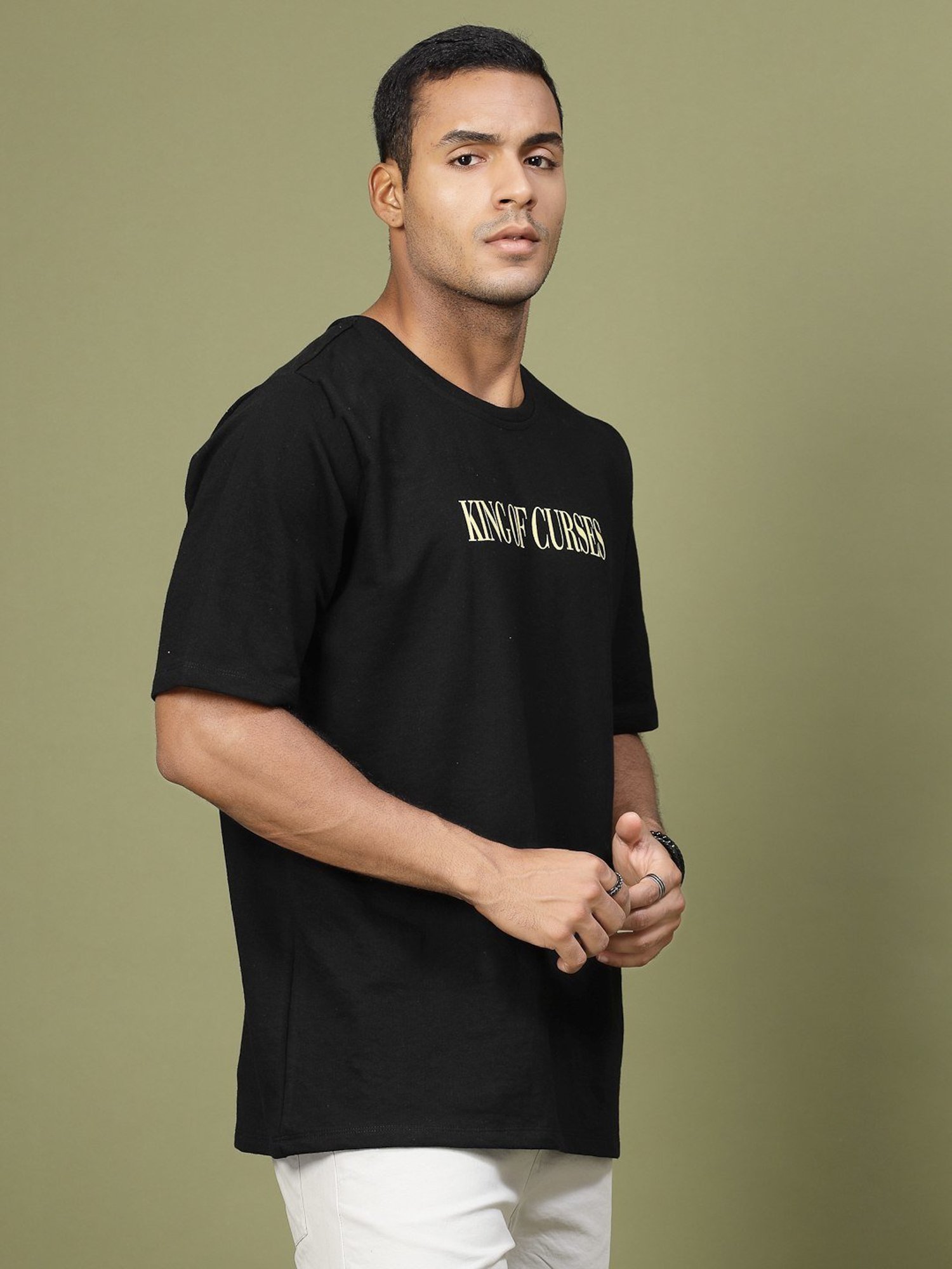 Rigo Coal Black Cotton Loose Fit Typography T-Shirt