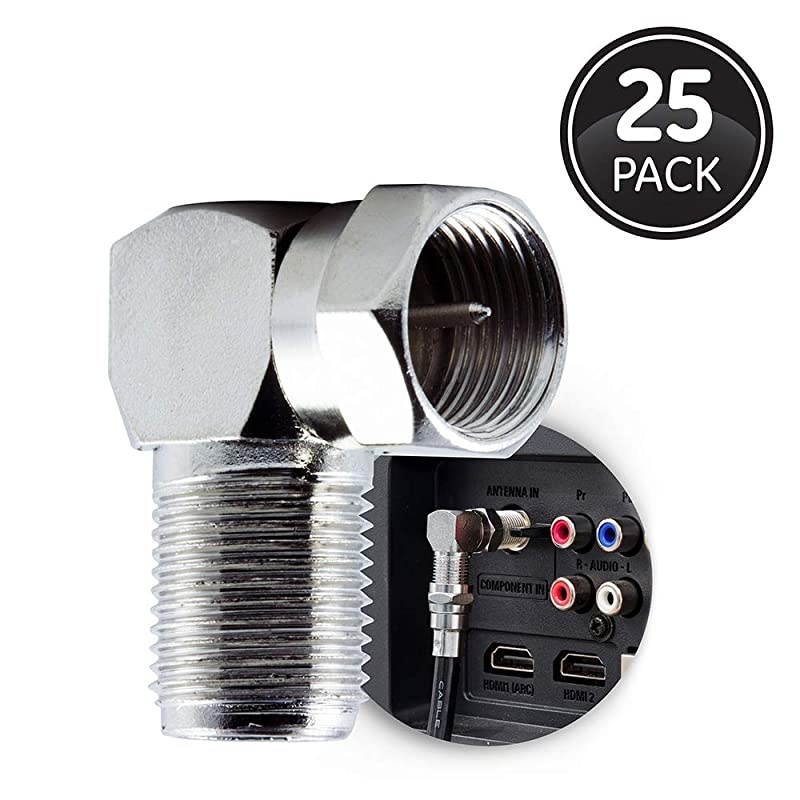RightAngle FType Connector Adapter 25Pack for RG59 RG6 FType Coaxial Cables 90Degree MaletoFemale Connector ScrewOn Installation No Tools Required with Resealable Bag 51202
