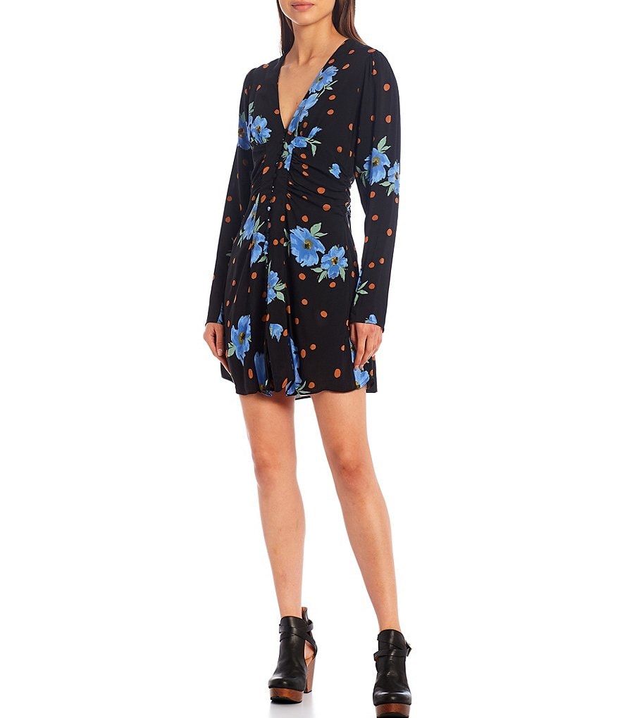 Free People Date Night Long Sleeve V-Neck Mini Dress