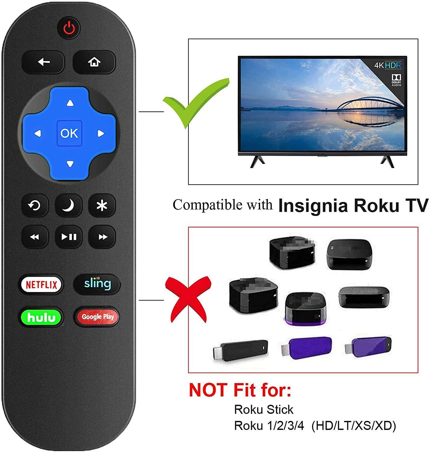 Motiexic NS-RCRUS-17 Remote Control Compatible with Insignia Roku TV NS-32DR420NA16 NS-32DR420NA16A NS-32DR420NA16B NS-40DR420NA16 NS-40DR420NA16B NS43DR710NA17 NS-43DR710NA17 NS-48DR420NA16