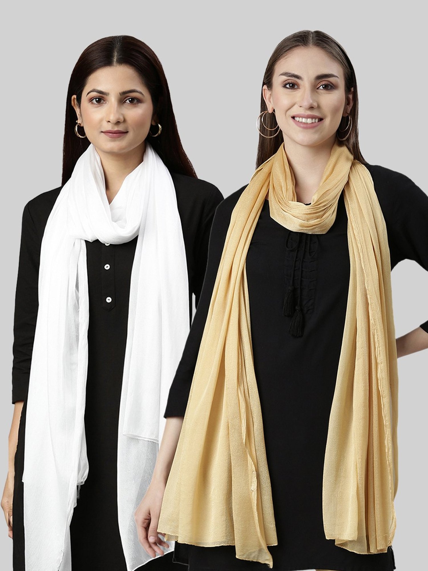 TWIN BIRDS White & Golden Plain Dupatta - Pack Of 2