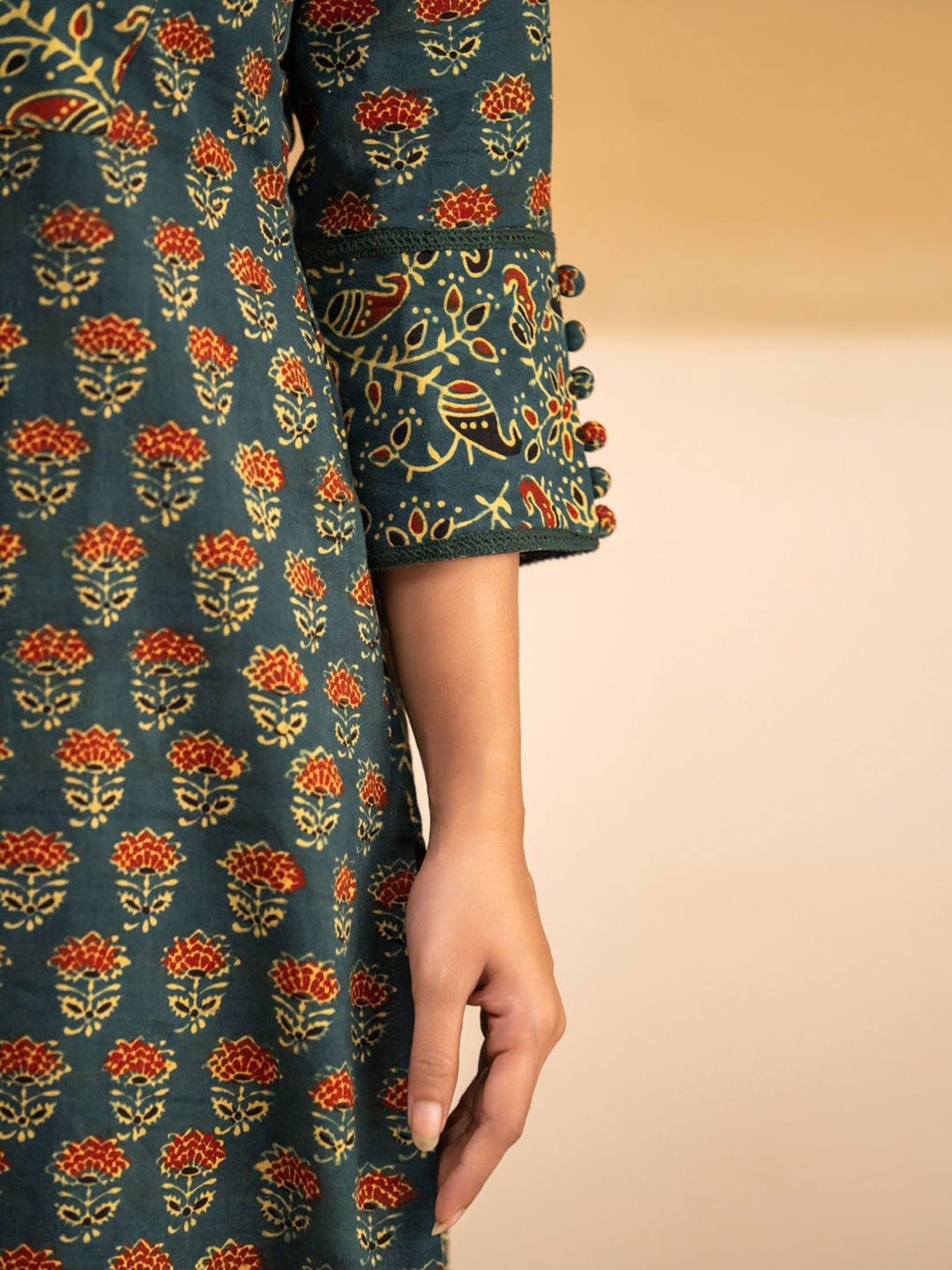 Love Chic Ajrakh Straight Kurta with Cowrie shells